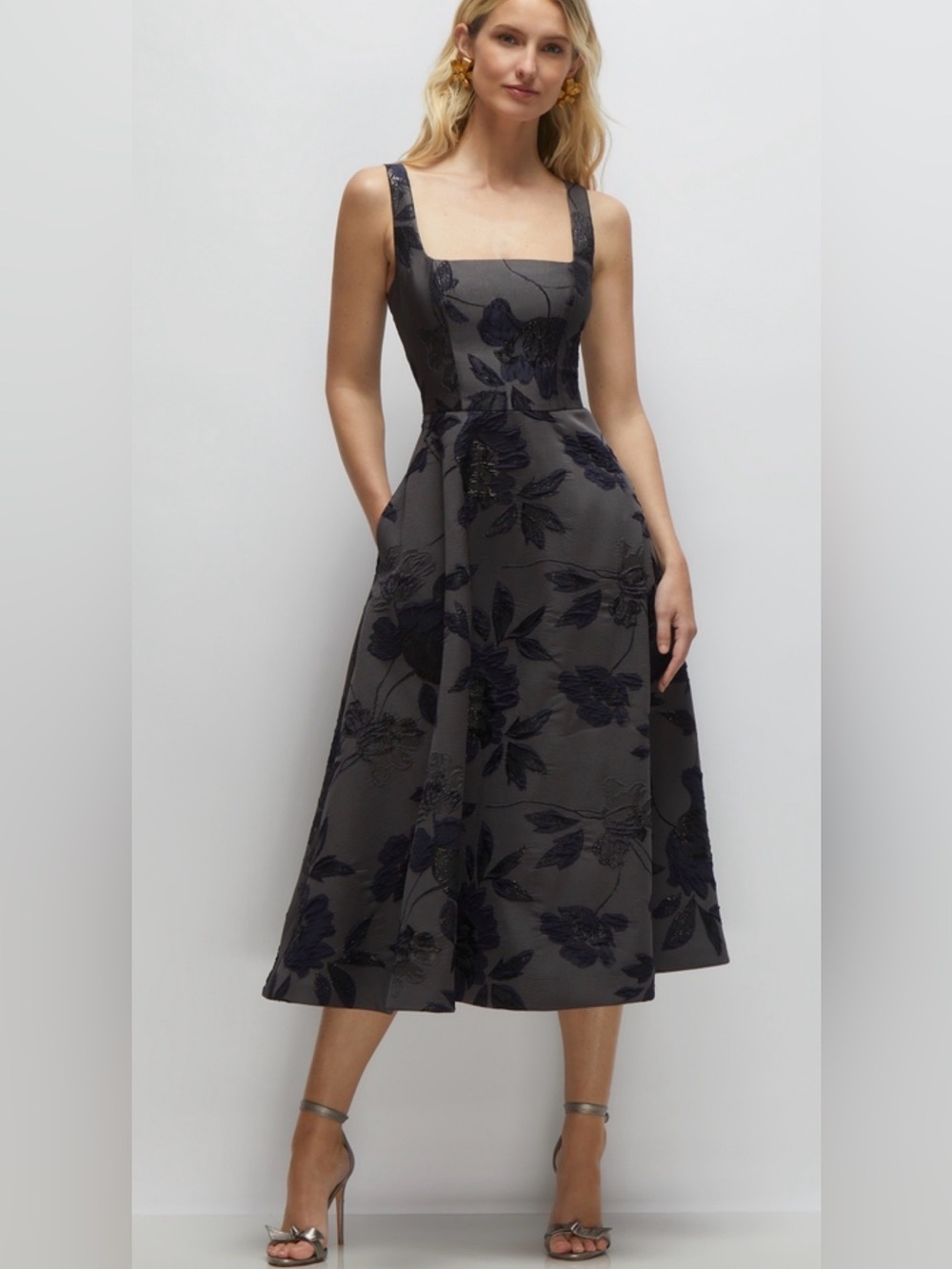 Dessy Collection Charcoal and Black Floral Jacquard Midi Dress